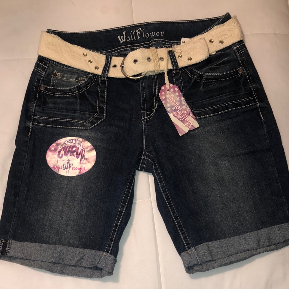 Wallflower Blue and Cream Jean Shorts with Chic Rolled Hem